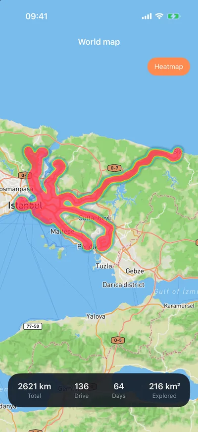Odometer world map: a heat map of frequently driven roads around Istanbul