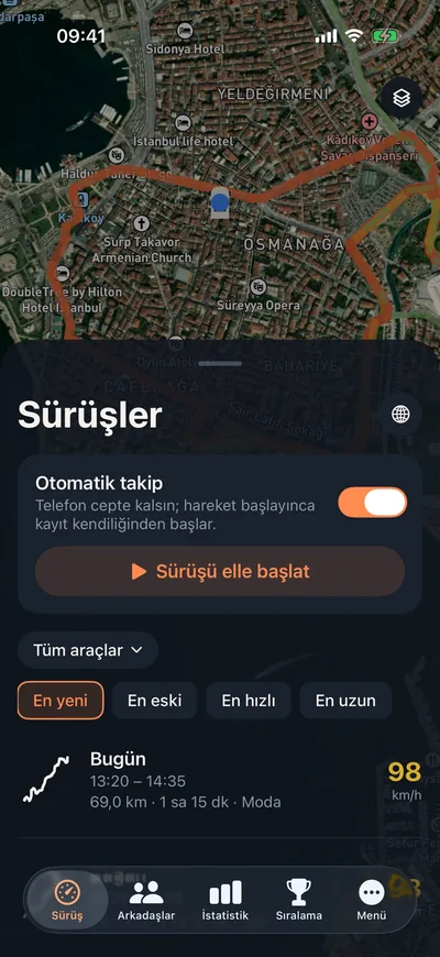 Odometer sürüş listesi: harita üstünde otomatik takip anahtarı ve son sürüşler