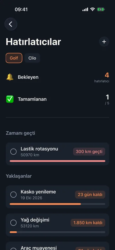 Odometer bakım hatırlatıcıları: lastik rotasyonu, kasko ve yağ değişimi